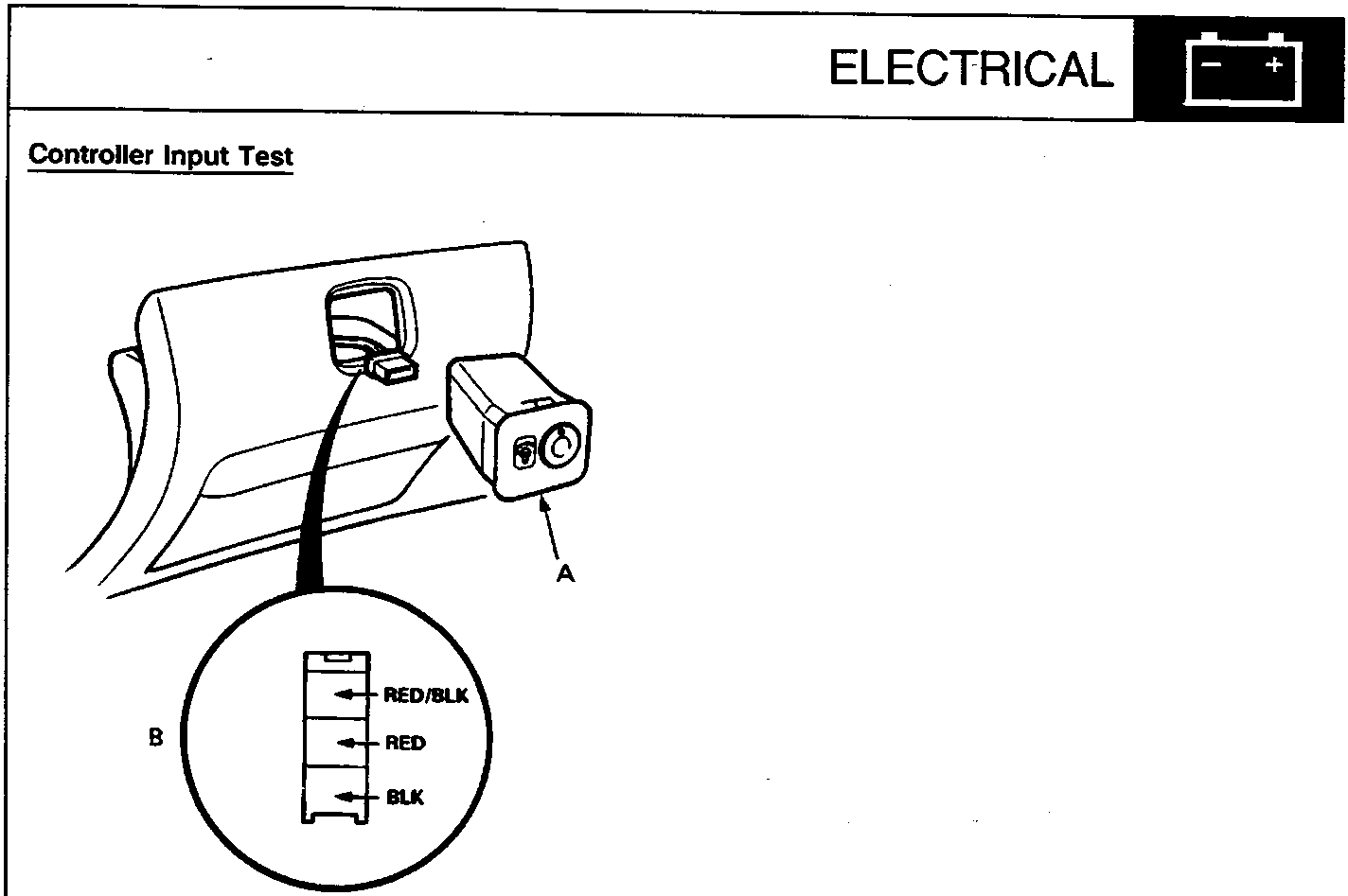 Diagram of dash lights brightness controller (A) with a circular inset showing the 3-P connector pinout (B) labeled RED/BLK, RED, and BLK. Figure number 86M2209 is printed below.
