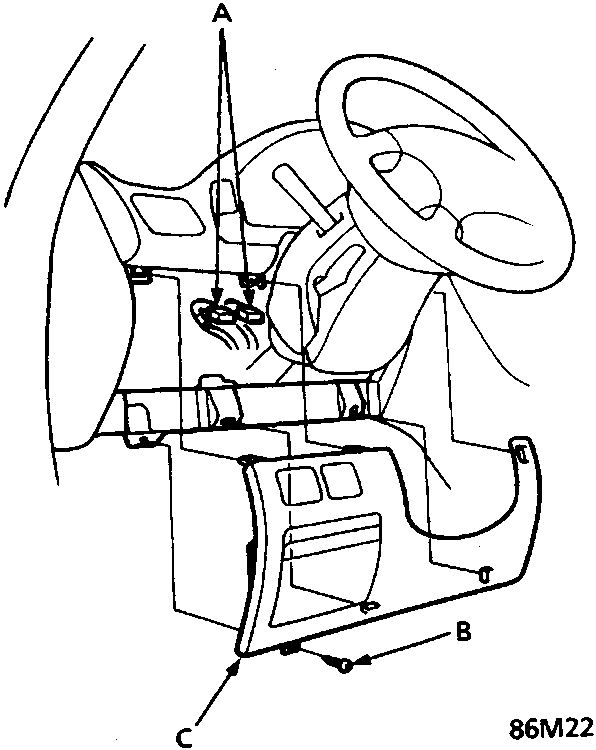 Diagram of the lower dashboard area showing connectors, screw, and lower cover location