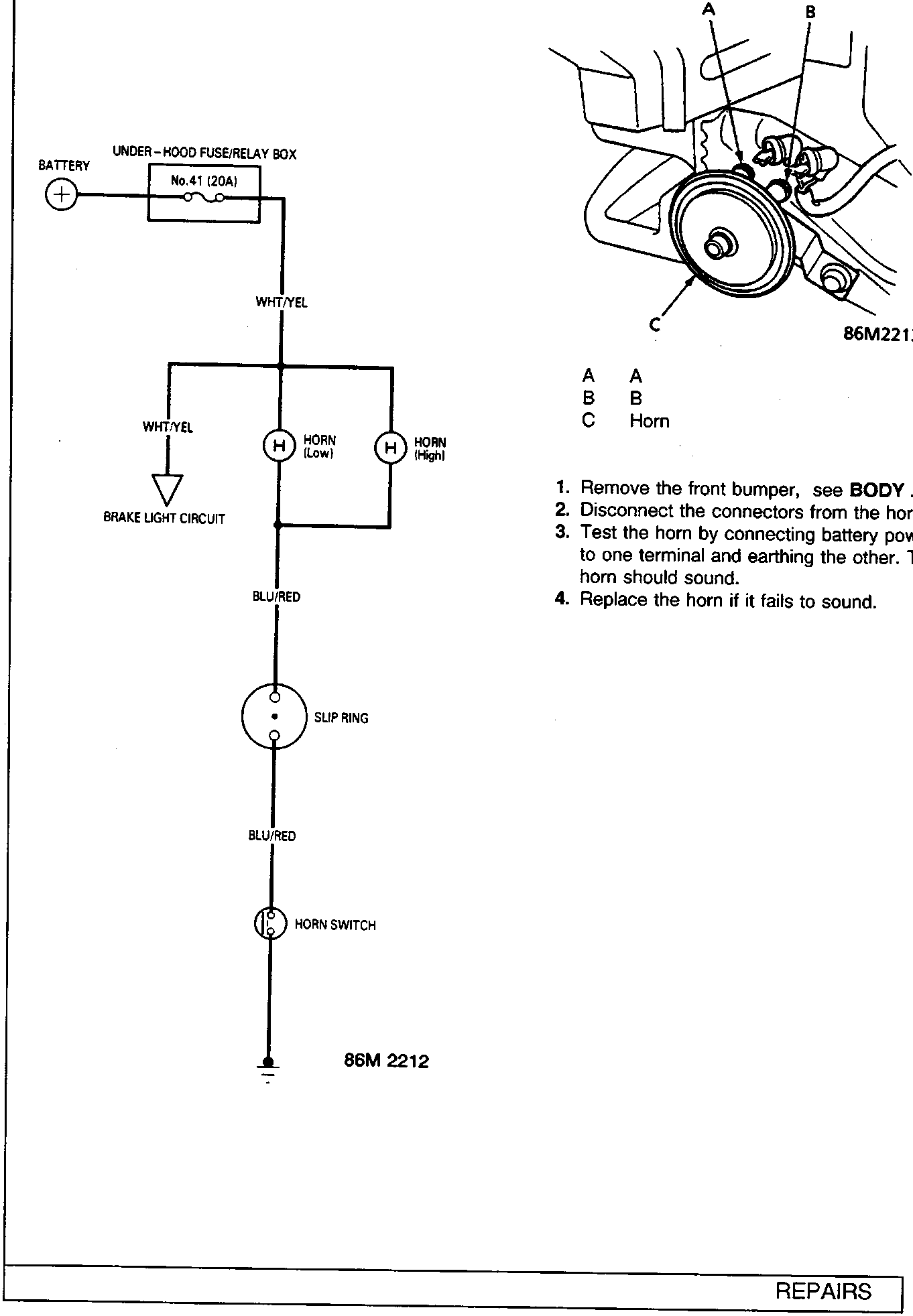 Circuit diagram showing the horn electrical system including battery, fuse box, horns, slip ring, and switch. To the right, a diagram of the horn assembly with callouts A, B, and C.
