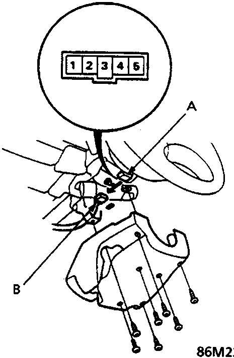 Diagram showing the column lower cover area, highlighting the slip ring and the 5-P connector of the SRS main harness.