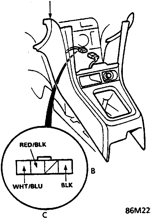 Diagram of front console area showing location of cigarette lighter connector. Detail view B shows the 4-P connector from the wire side with RED/BLK, WHT/BLU, and BLK wires.