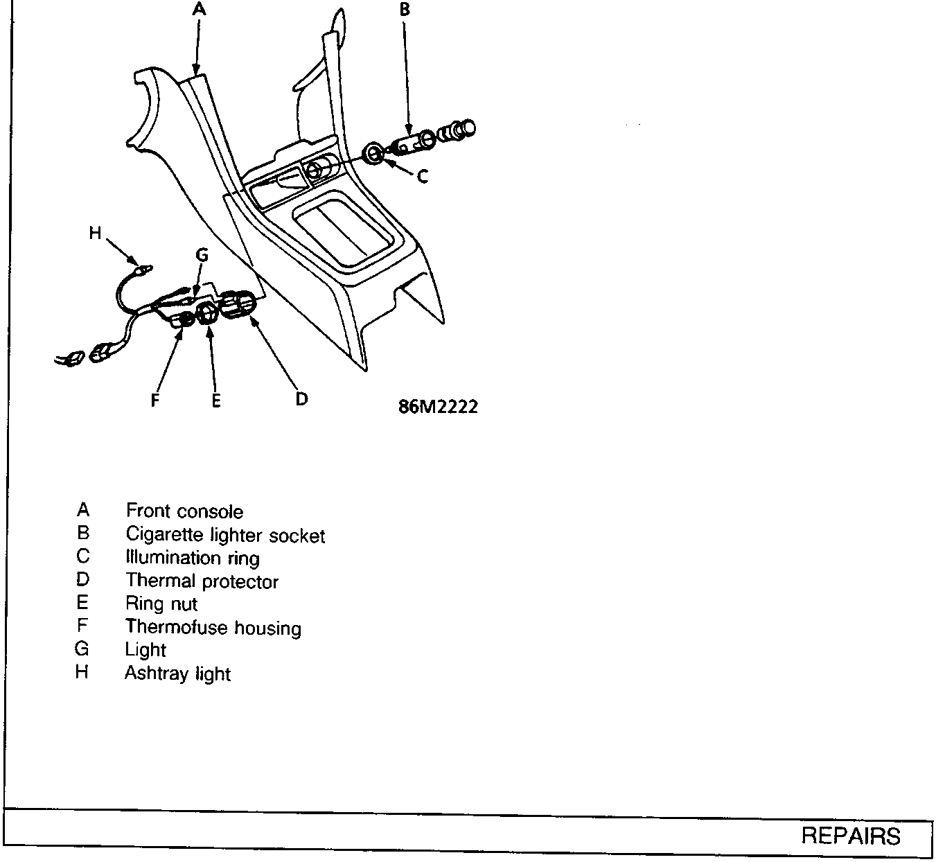 Diagram of front console cigarette lighter assembly showing components labeled A through H