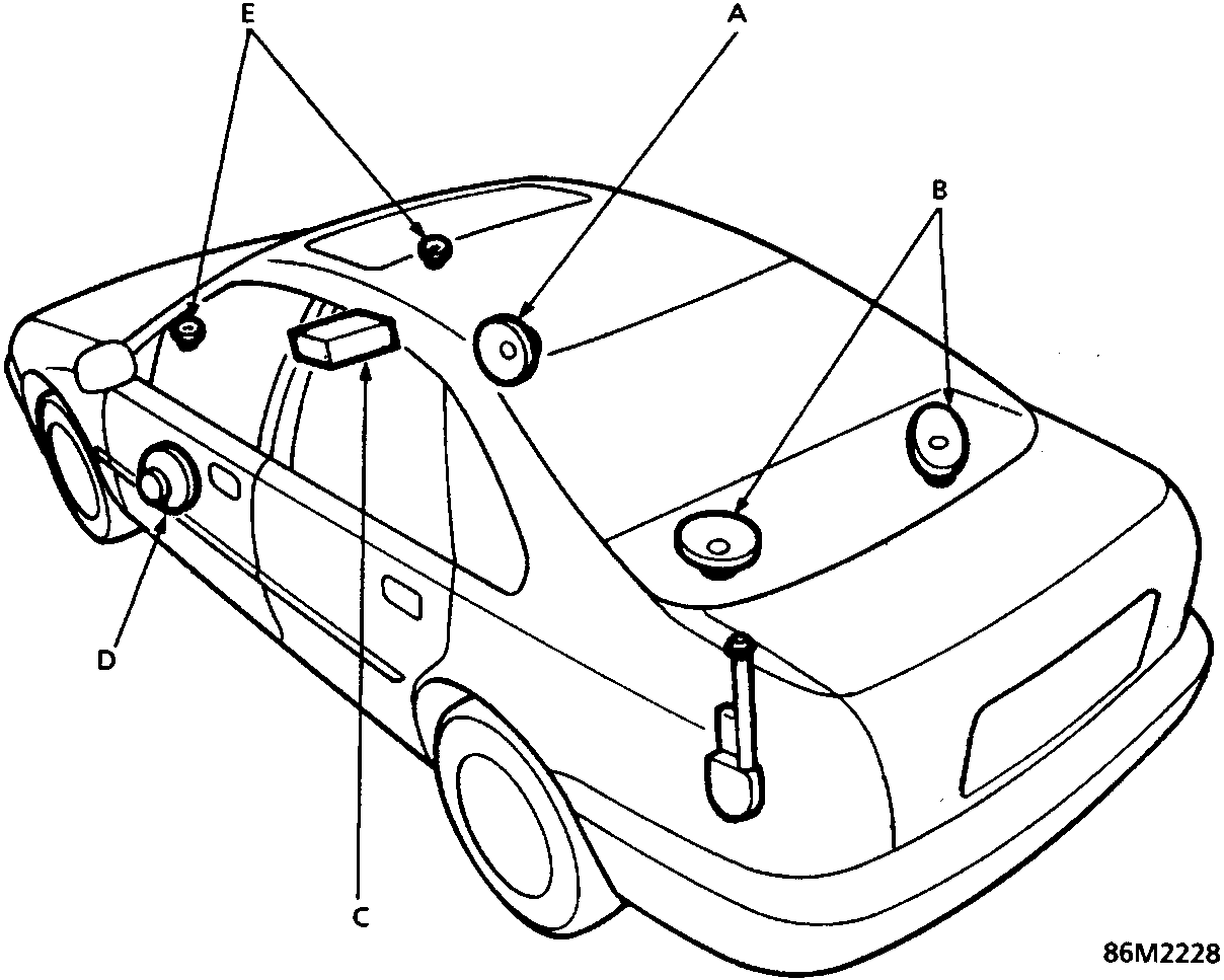Diagram of car exterior showing locations of speakers, tweeters, and stereo radio/cassette player labeled A through E