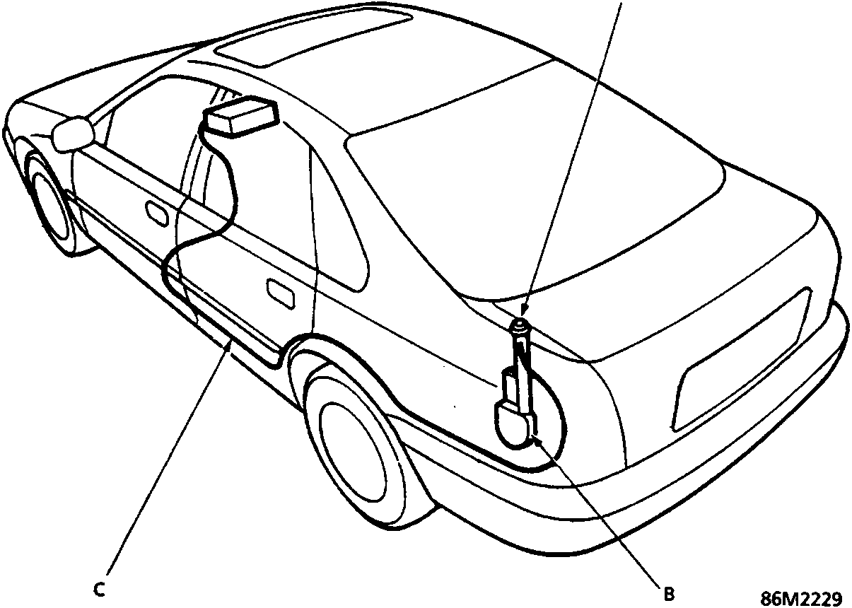 Line drawing of a car showing the location of the antenna mast, power antenna motor, and antenna lead