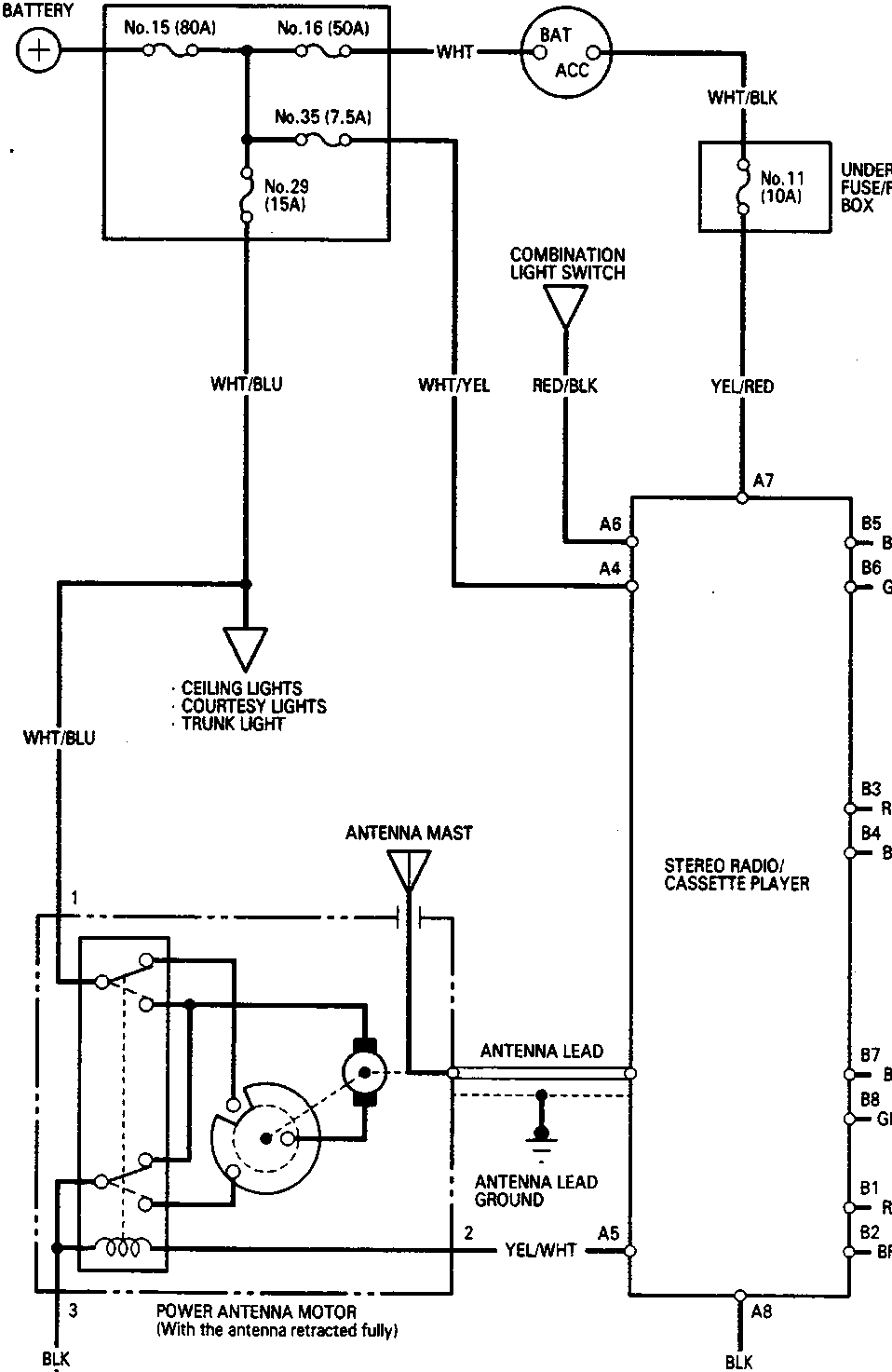 Electrical circuit diagram showing connections for battery, fuses, ignition switch, stereo radio/cassette player, power antenna motor, and six speakers with wire color codes.