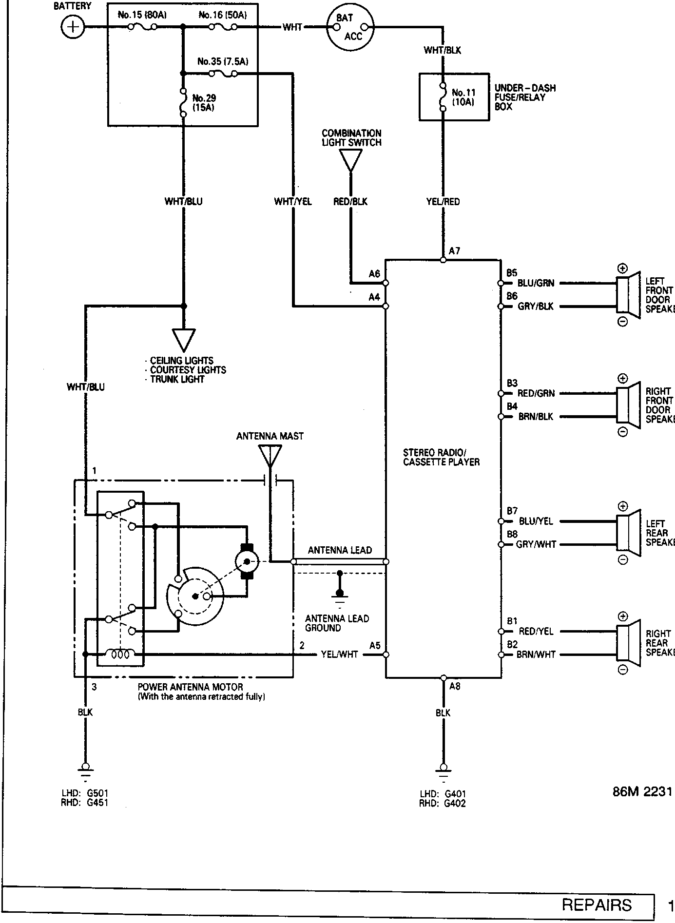 Electrical circuit diagram showing connections between battery, fuse/relay boxes, ignition switch, combination light switch, stereo radio/cassette player, ceiling lights, and four speakers. Includes wire color codes and component labels such as power antenna motor and antenna lead ground.