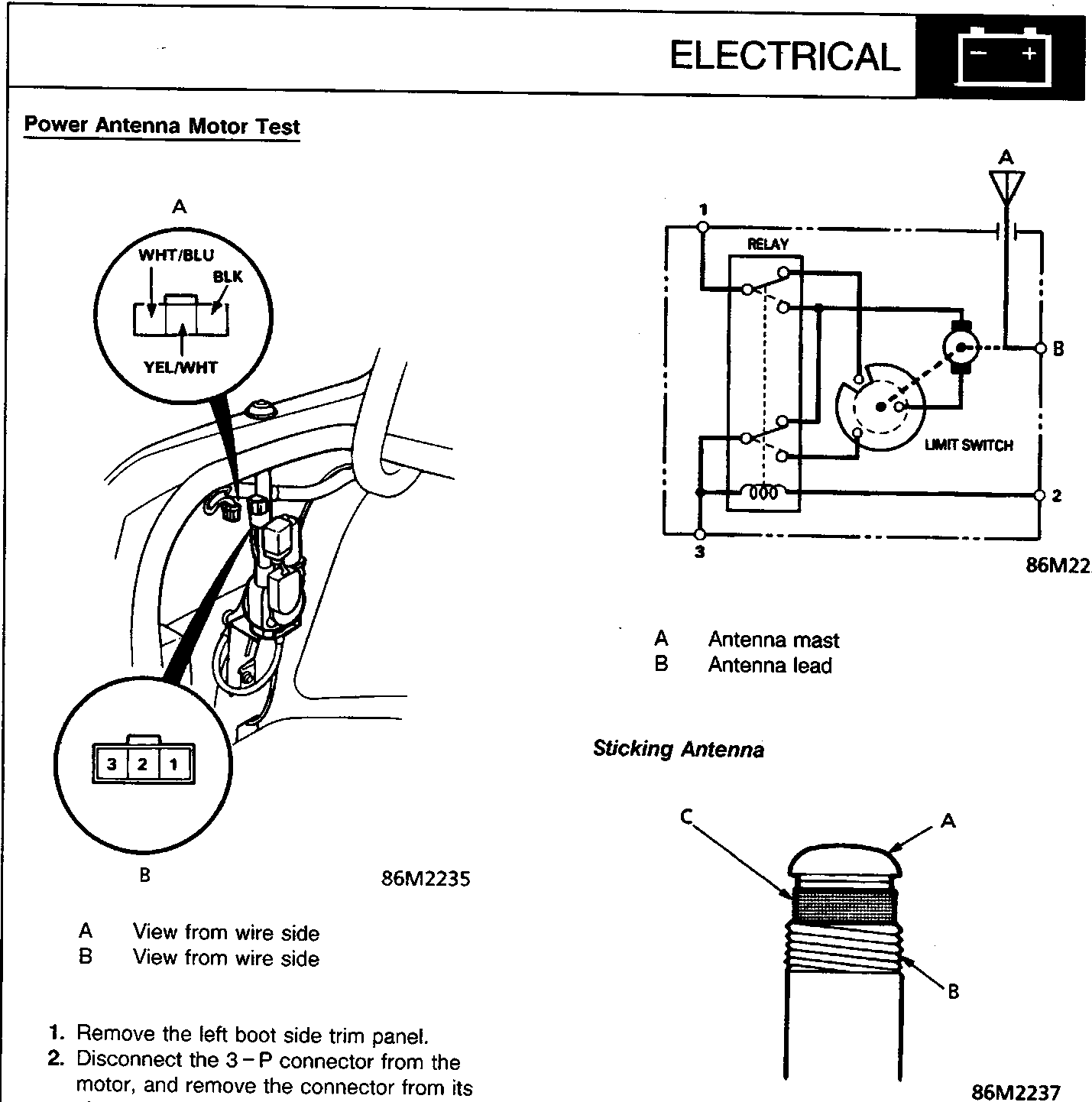 Diagram showing power antenna motor location and wiring connector with terminals WHT/BLU, BLK, YEL/WHT. Circuit diagram showing relay, limit switch, and connections to antenna mast (A) and antenna lead (B).