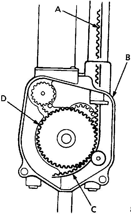 Diagram showing internal components of the power antenna motor including teeth, drive gear, and drive cable