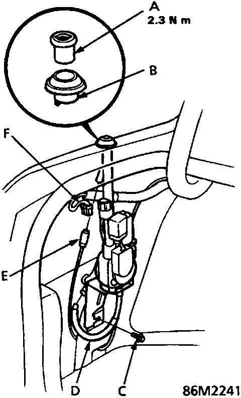 Diagram of power antenna motor assembly showing special nut, spacer, mounting nut, drain hose, antenna lead, and 3-P connector