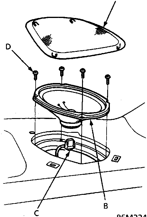 Exploded view of rear speaker assembly showing cover, speaker unit, connector and screws