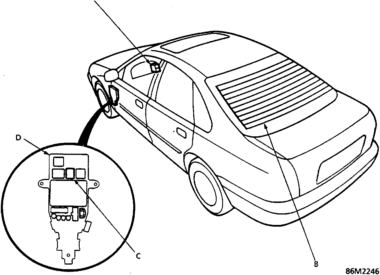Diagram of car showing rear window demister components A, B, C, D
