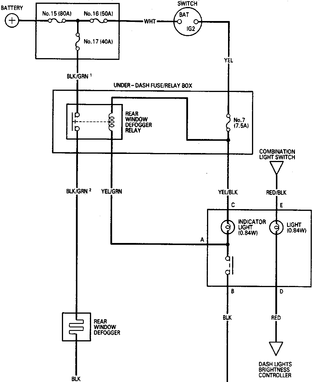 Circuit diagram for the rear window defogger system showing connections between the battery, under-hood fuse/relay box, ignition switch, under-dash fuse/relay box, rear window defogger relay, combination light switch, rear window defogger switch, rear window defogger, and dash lights brightness controller. Wire colors and ground points G901, G402, and G401 are indicated.