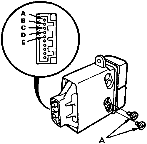 Diagram of the rear window demister switch with a callout showing the terminal layout (A, B, C, D, E) on the connector.