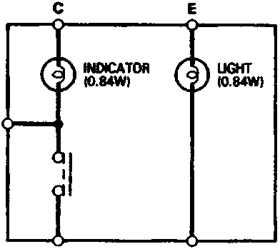 Circuit diagram for the switch test showing terminals A, B, C, D, E connected to an indicator (0.84W) and light (0.84W).
