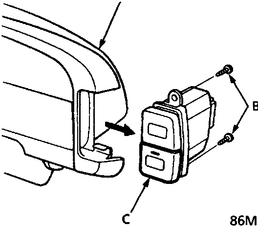 Diagram showing the rear window demister switch (C) being removed from the instrument panel (A) after removing screws (B).