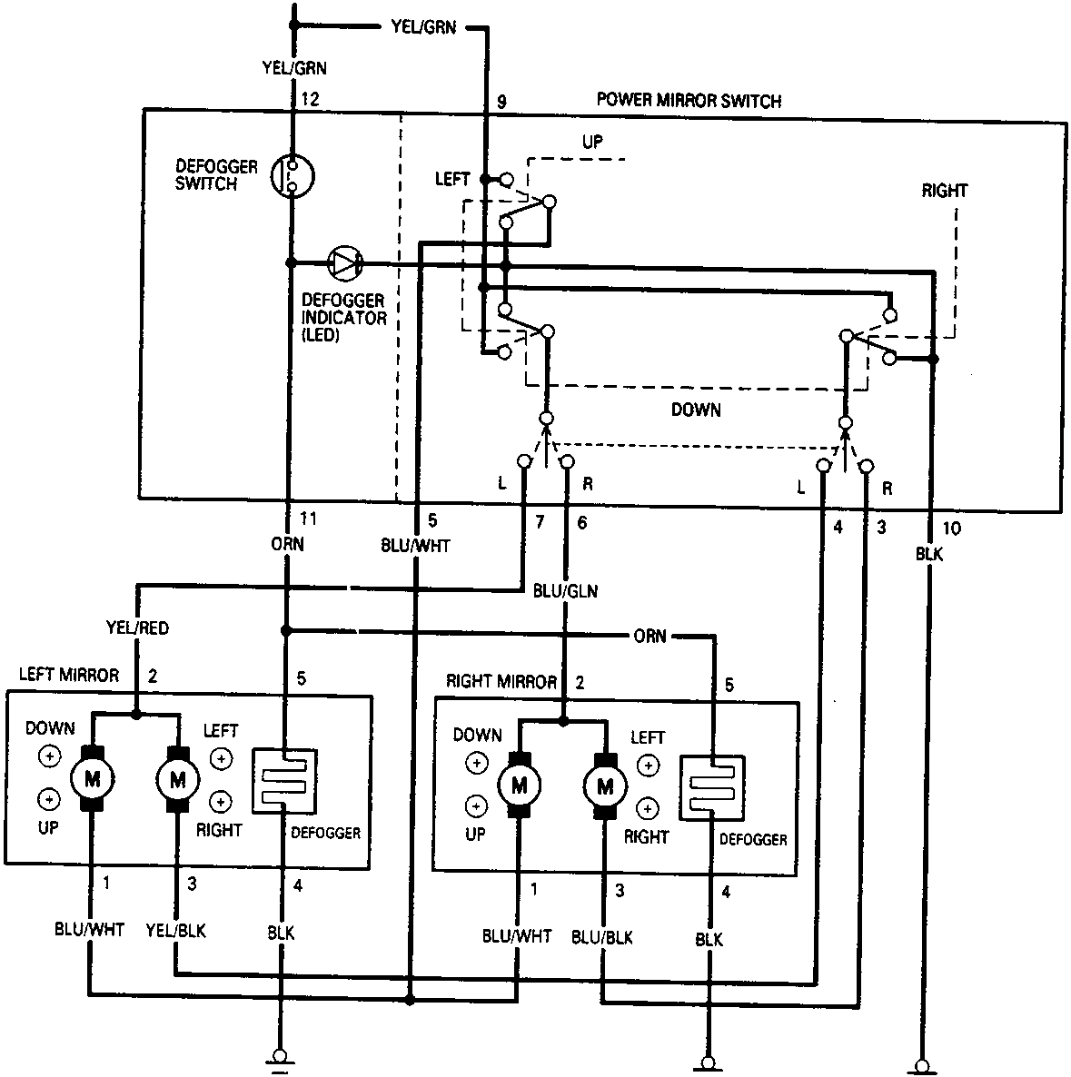 Detailed wiring diagram for power mirror switch, defogger switch, defogger indicator LED, left mirror, and right mirror with terminal numbers and wire colors.