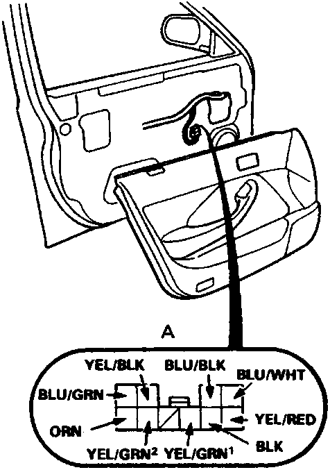 Diagram of the 10-P connector showing terminal layout and wire colors including YEL/BLK, BLU/BLK, BLU/WHT, BLU/GRN, ORN, YEL/RED, YEL/GRN, and BLK.