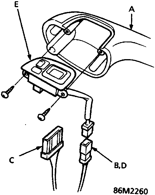 Diagram showing power mirror switch (E), armrest (A), connectors (B, C), and defogger option (D) on driver's door panel
