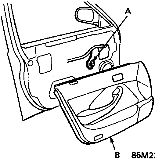 Diagram showing removal of door panel (B) and connector (A) from driver's door