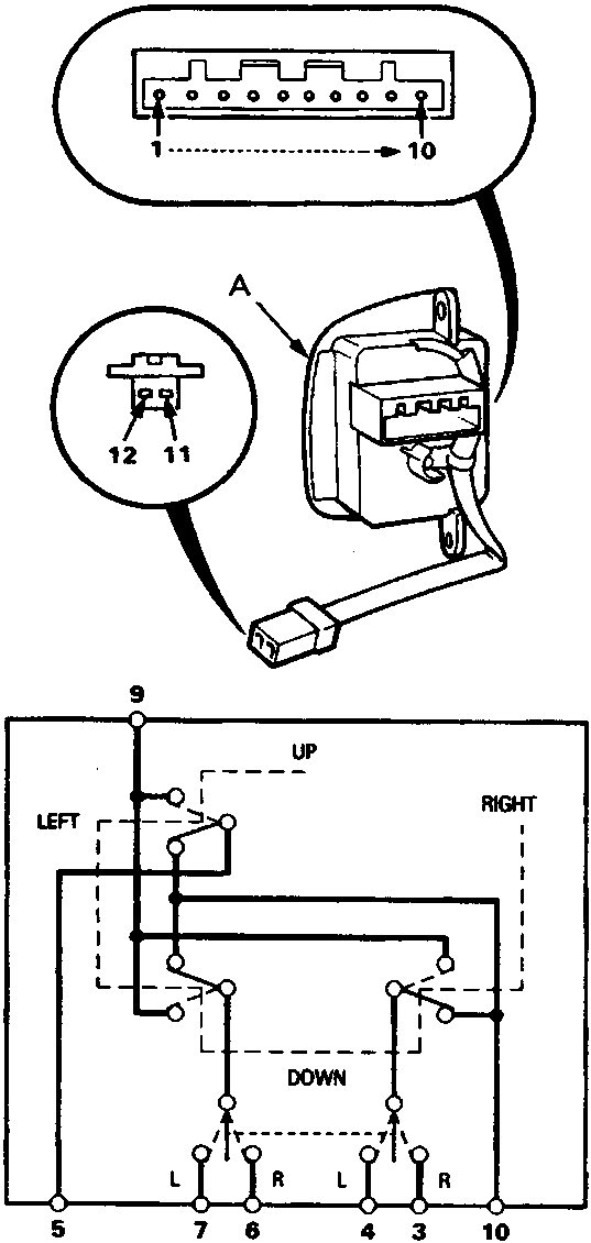 Diagram A showing power mirror switch connector terminals 1-12 and wiring diagram with positions UP, DOWN, LEFT, RIGHT and terminals 5, 7, 6, 4, 3, 10