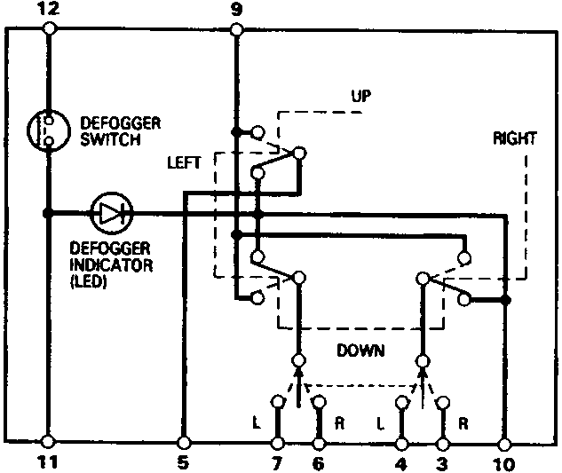 Diagram B showing power mirror switch with demister, including defogger switch and indicator (LED), wiring diagram with positions UP, DOWN, LEFT, RIGHT and terminals 12, 9, 11, 5, 7, 6, 4, 3, 10