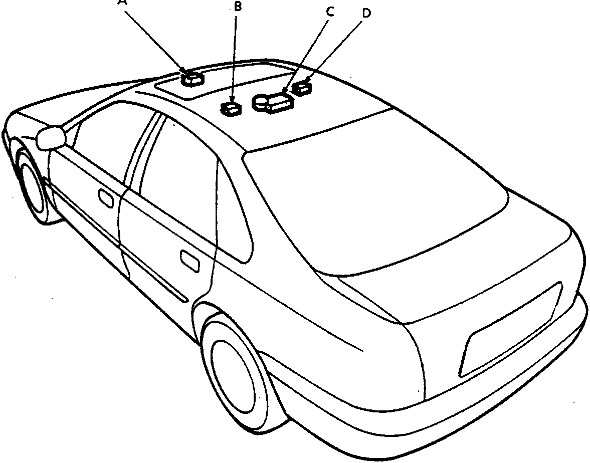 Diagram of a car roof showing the locations of the sun roof switch, close relay, motor assembly, and open relay