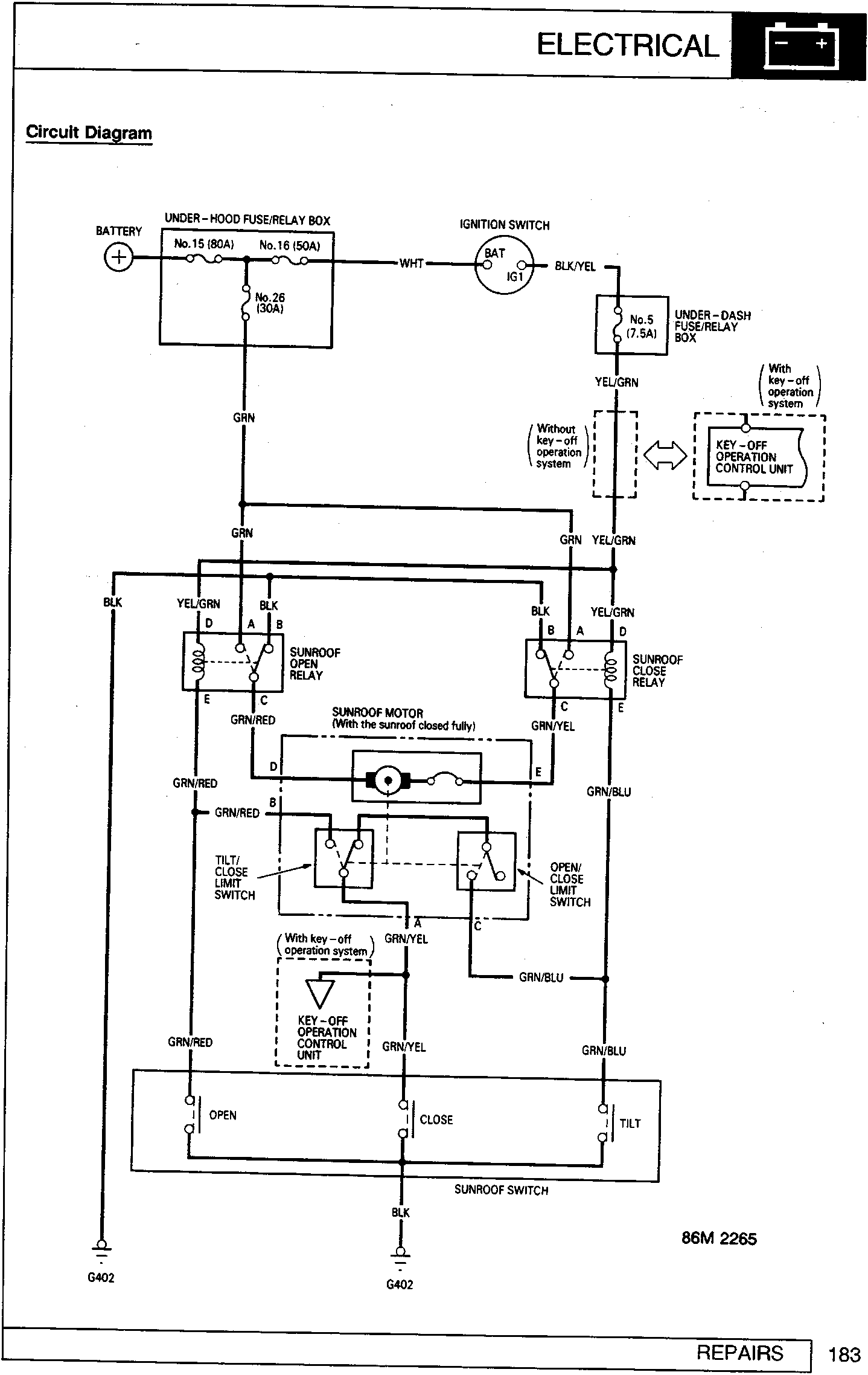 Electrical circuit diagram for the sunroof system showing connections between the battery, fuse/relay boxes, ignition switch, key-off operation control unit, sunroof open/close relays, sunroof motor, limit switches, and sunroof switch. Wire colors and terminal labels are indicated throughout the schematic.