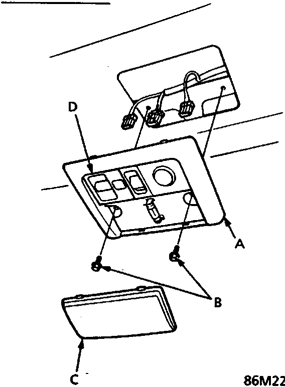 Exploded view of the interior light housing, bolts, lens, and sun roof switch assembly