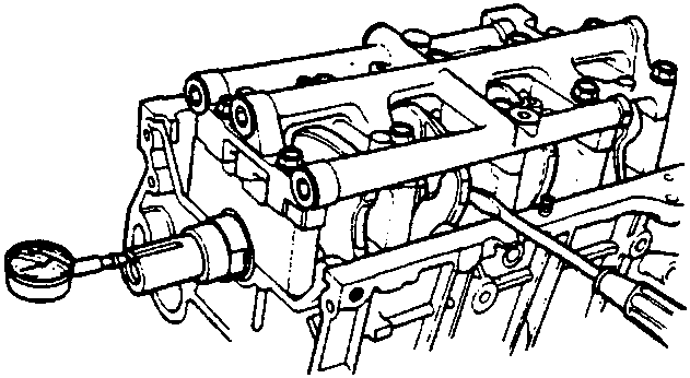 Diagram showing crankshaft end play measurement using a dial indicator