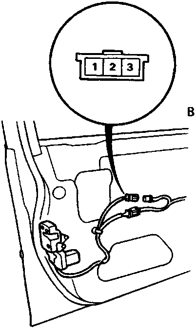 Diagram showing the driver's door lock knob switch (A) and its 3-P connector (B), with a key symbol (C) indicating the switch position.