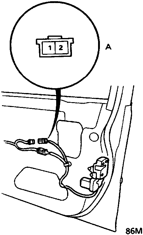 Diagram showing the passenger door lock actuator 2-P connector (A) viewed from the wire side.