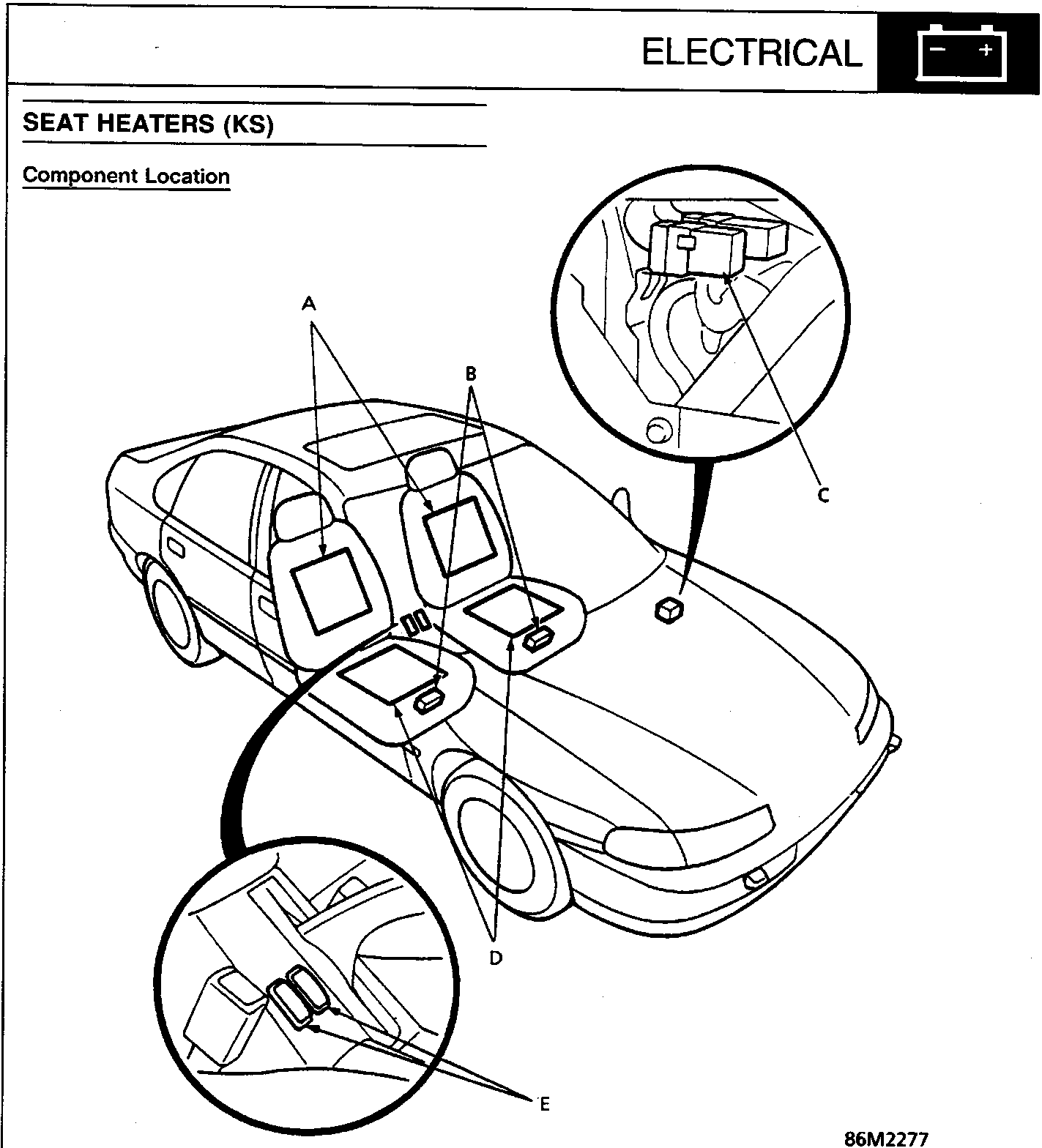 Diagram showing the locations of seat back heaters, seat heater relays, seat heater main relay, seat cushion heaters, and seat heater switches on a car interior view with callout labels A through E.
