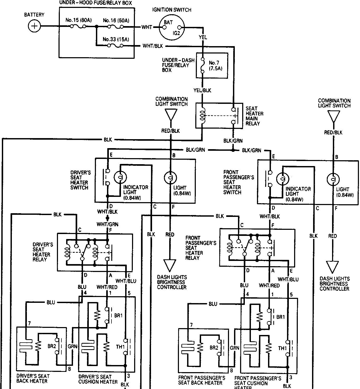 Electrical circuit diagram for the seat heater system showing connections between battery, fuse/relay boxes, ignition switch, combination light switch, seat heater switches, relays, dash lights brightness controllers, and seat back/cushion heaters with wire color codes and ground points.