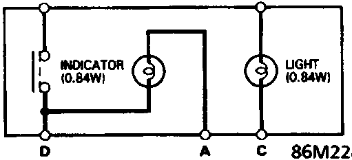 Circuit diagram showing the indicator (0.84W) connected between terminals F and D, and the light (0.84W) connected between terminals E and C