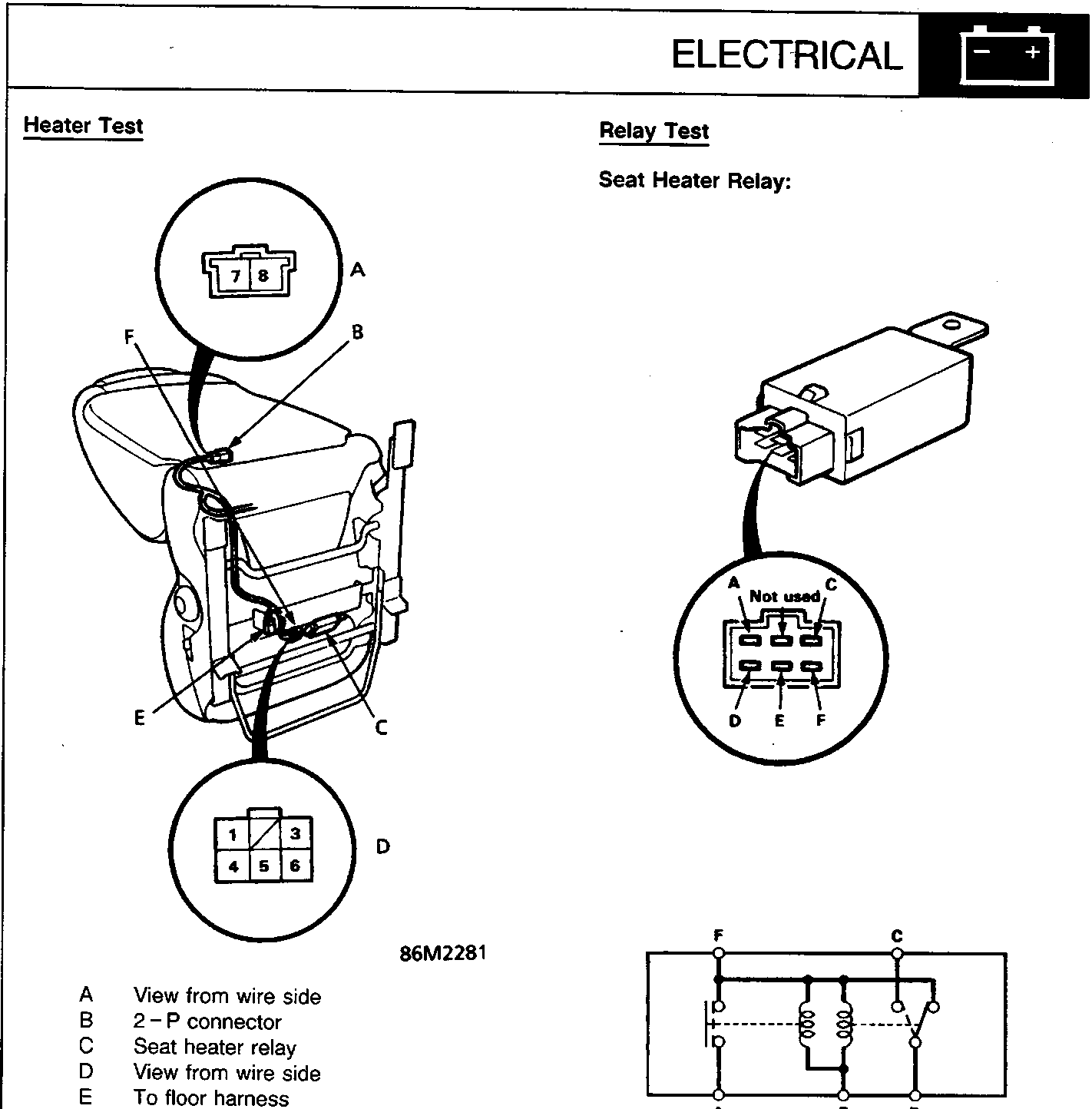 Diagram of seat wiring connectors and seat heater relay with callout labels A through F