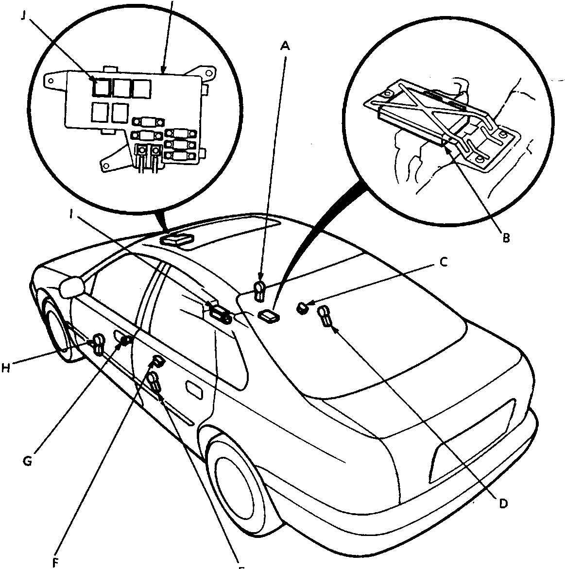 Diagram showing component locations on a car body with callout letters A through K, including inset views of the relay box and key-off operation control unit.
