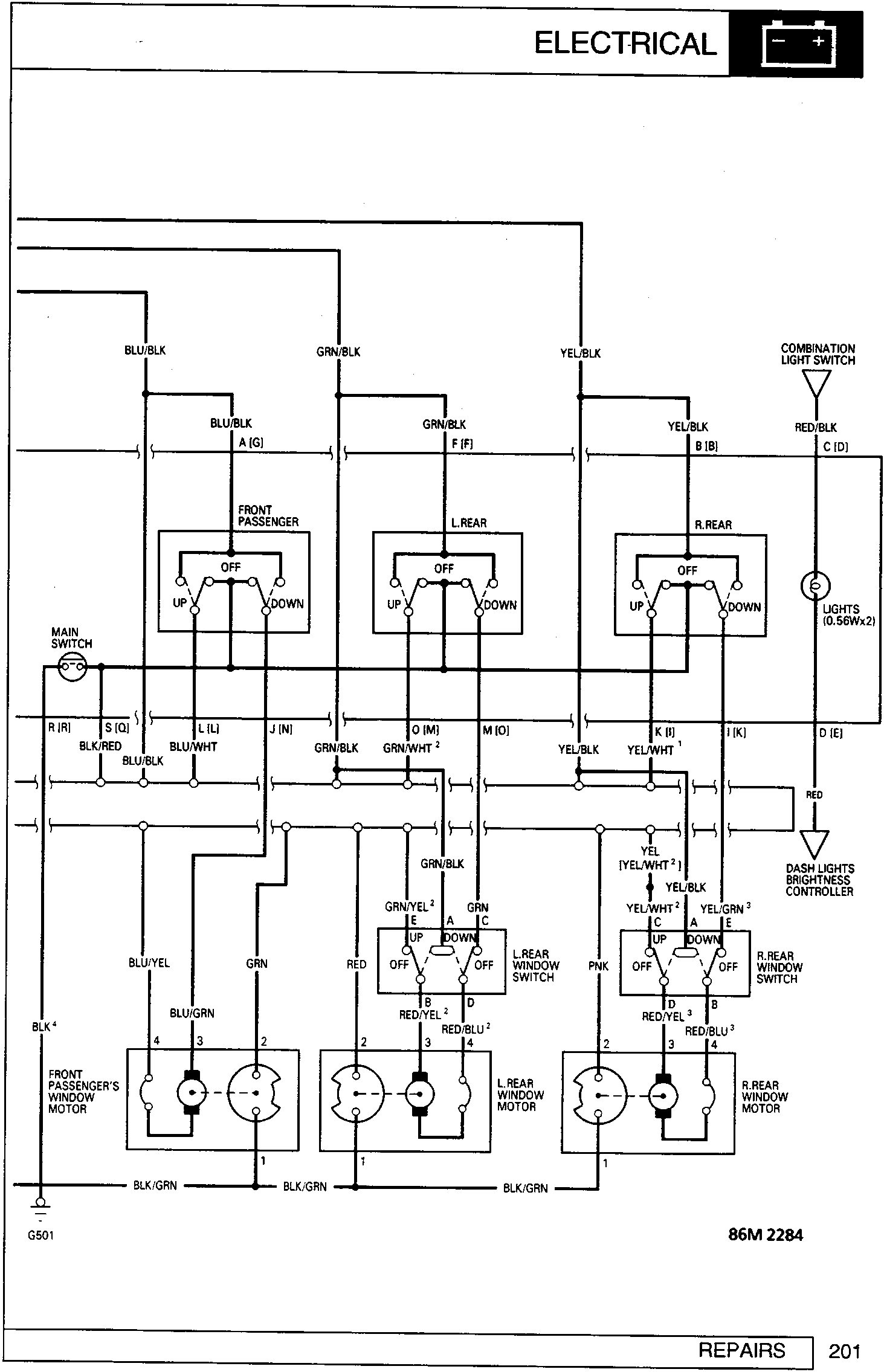 Electrical wiring diagram showing connections for front passenger, left rear, and right rear window switches and motors, including combination light switch and dash lights brightness controller.