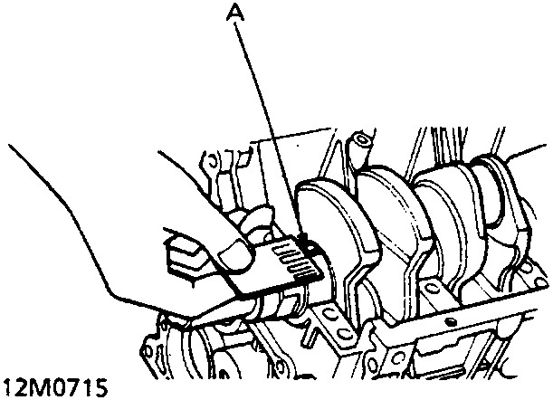 Diagram showing a hand placing a plastigage strip across a crankshaft journal