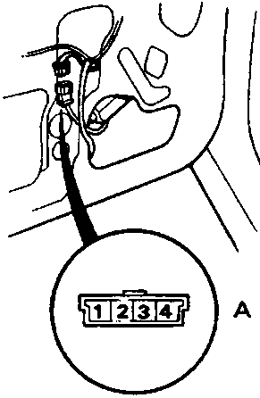Diagram showing the passenger window motor and a 4-P connector labeled A, with the wiring area highlighted by a red box B.