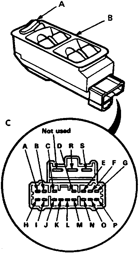 Diagram of the master power window switch assembly showing labels A and B, with a circular inset C showing the LHD terminal layout (A-P) including 'Not used' terminals.