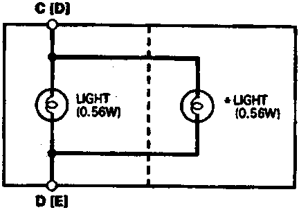 Circuit diagram showing two light bulbs (0.56W) connected between terminals C [D] and D [E].