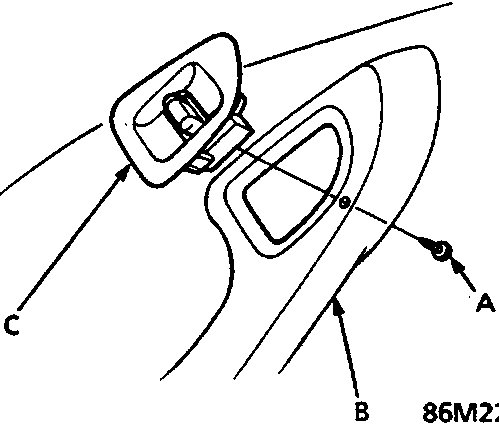 Diagram of the rear door armrest area showing the rear window switch, screw, and armrest with callouts A, B, and C.