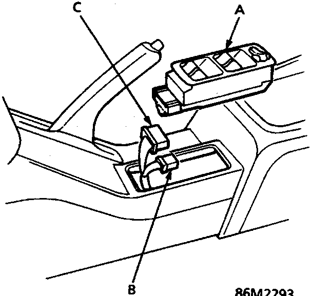 Diagram of the master power window switch assembly with callouts A, B, and C indicating the switch, connector, and 16-P connector respectively.