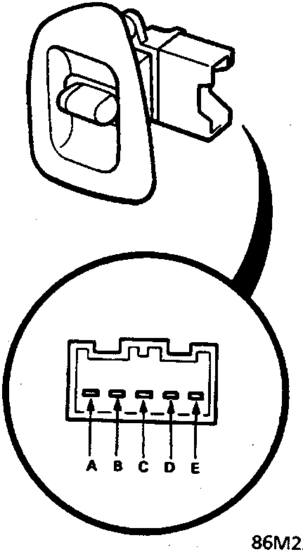 Diagram of the right rear window switch and its connector terminals labeled A, B, C, D, E