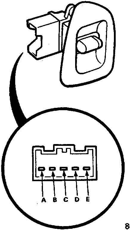 Diagram of the left rear window switch and its connector terminals labeled A, B, C, D, E