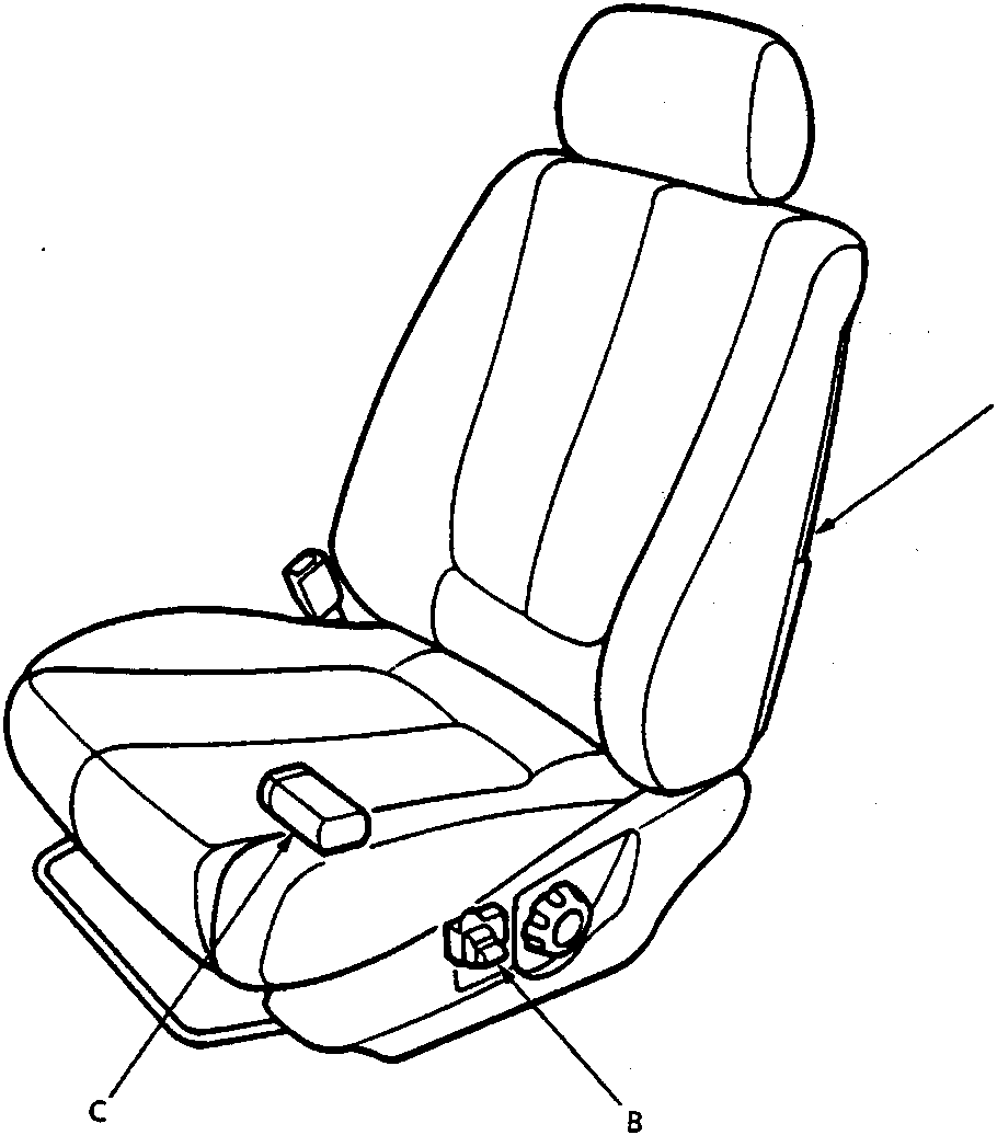 Line drawing of a car seat showing the drivers seat, power seat switch, and up-down motor locations.