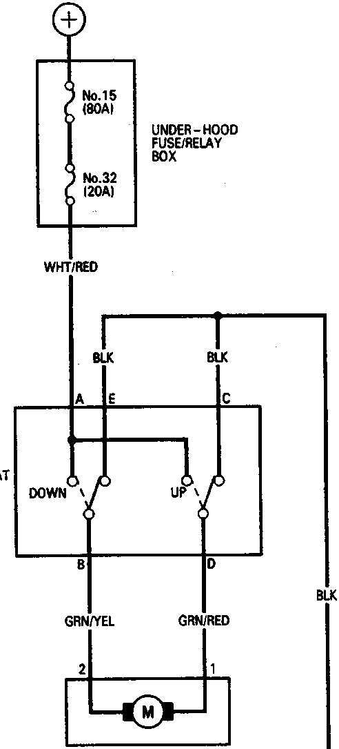 Circuit diagram for power seat up-down motor showing connections from battery through under-hood fuse/relay box, power seat switch, and up-down motor to ground G501.