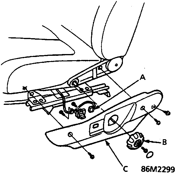 Diagram of power seat adjuster cover, dial, and 5-P connector with labels A, B, C