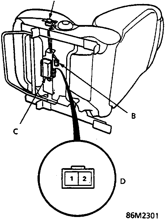 Diagram of power seat switch, 2-P connector, up-down motor, and terminal view with labels A, B, C, D
