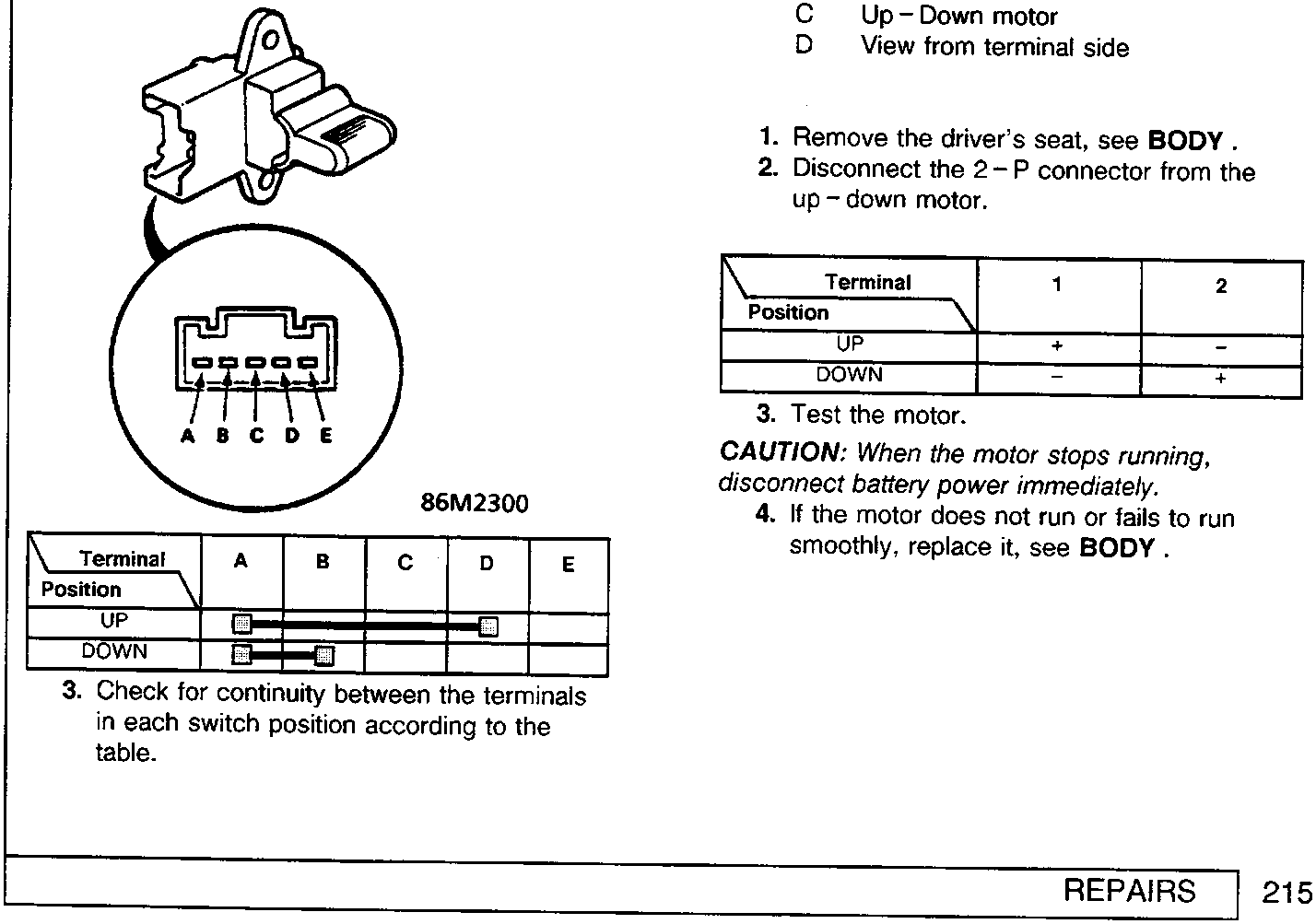 Diagram of 5-P power seat switch connector with terminals A, B, C, D, E